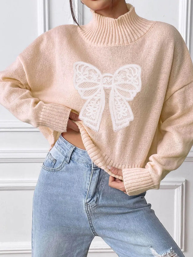 Bow Turtleneck Long Sleeve Sweater Trendsi Hanalas