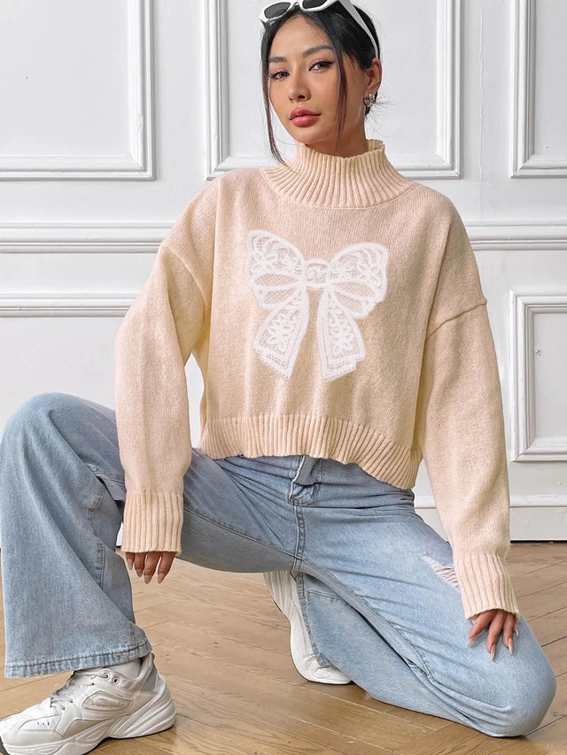 Bow Turtleneck Long Sleeve Sweater Trendsi Hanalas