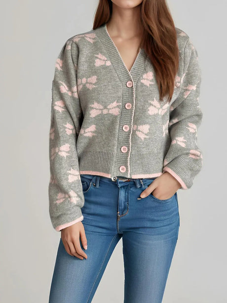 Bow V-Neck Button Down Long Sleeve Cardigan Trendsi Hanalas