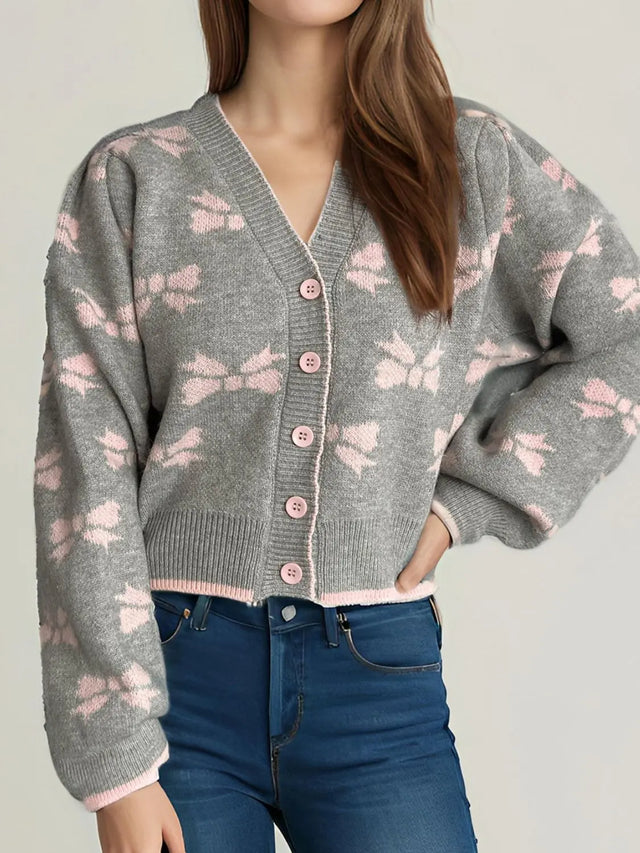 Bow V-Neck Button Down Long Sleeve Cardigan Trendsi Hanalas