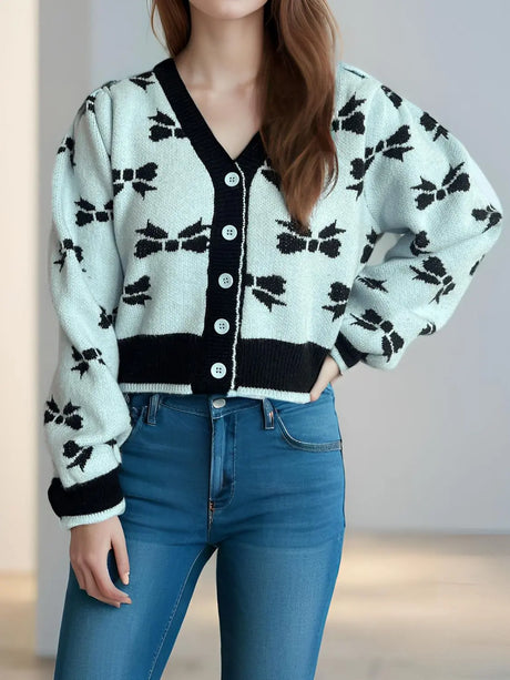 Bow V-Neck Button Down Long Sleeve Cardigan Trendsi Hanalas