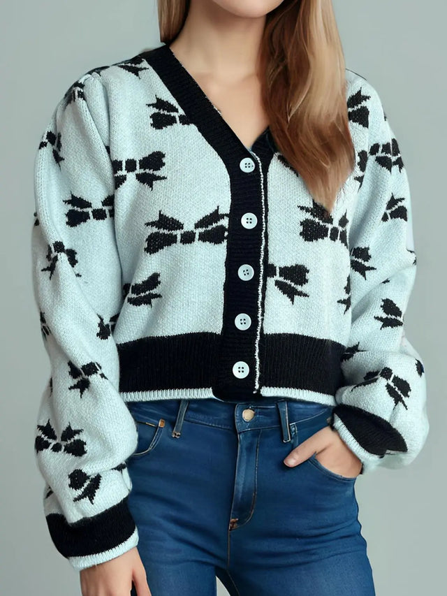 Bow V-Neck Button Down Long Sleeve Cardigan Trendsi Hanalas