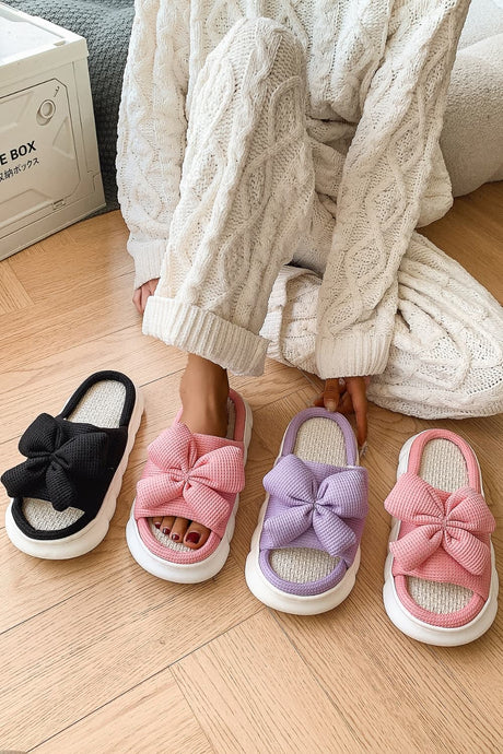 Bow Waffle-Knit Platform Slippers | Hanalas