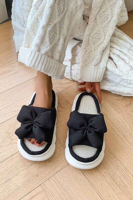 Bow Waffle-Knit Platform Slippers | Hanalas