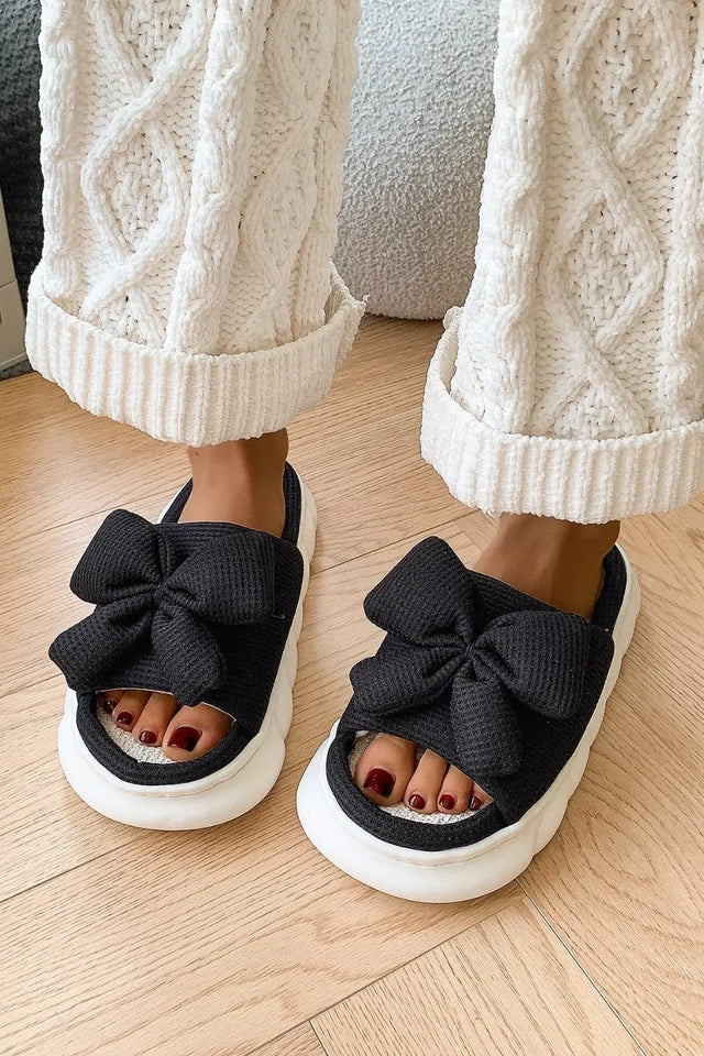 Bow Waffle-Knit Platform Slippers | Hanalas