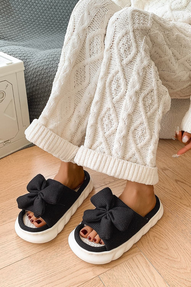 Bow Waffle-Knit Platform Slippers | Hanalas