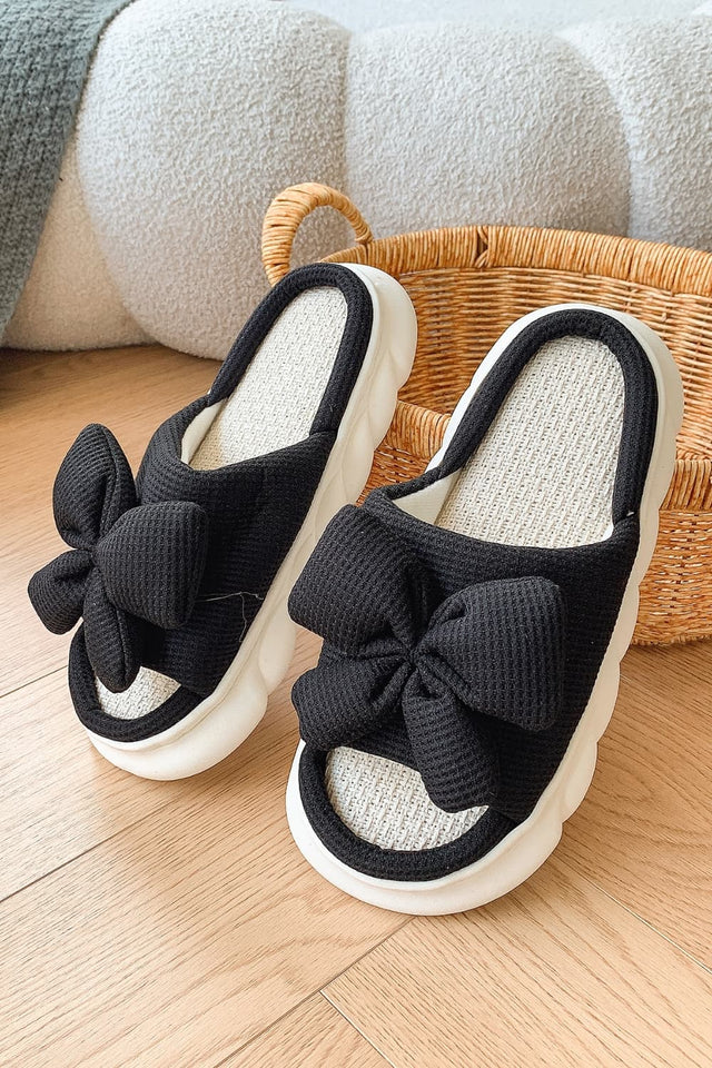 Bow Waffle-Knit Platform Slippers | Hanalas