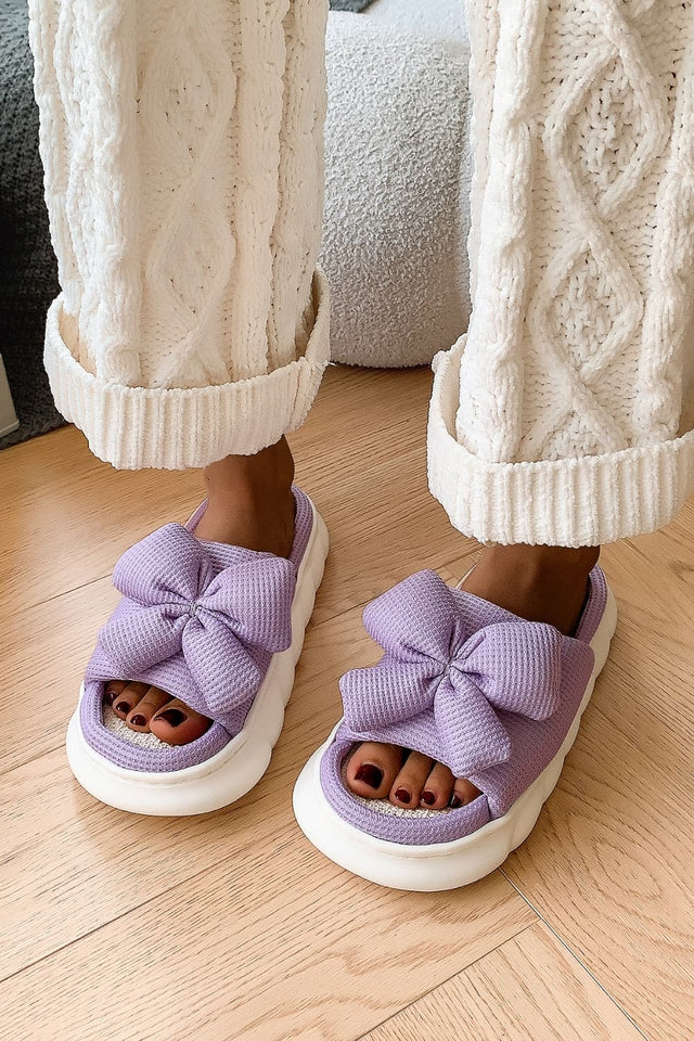 Bow Waffle-Knit Platform Slippers | Hanalas