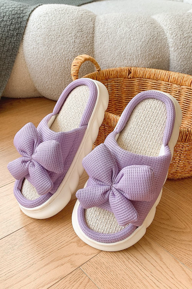 Bow Waffle-Knit Platform Slippers | Hanalas