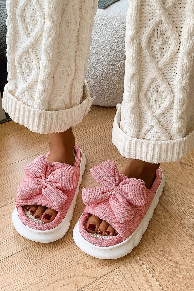 Bow Waffle-Knit Platform Slippers | Hanalas