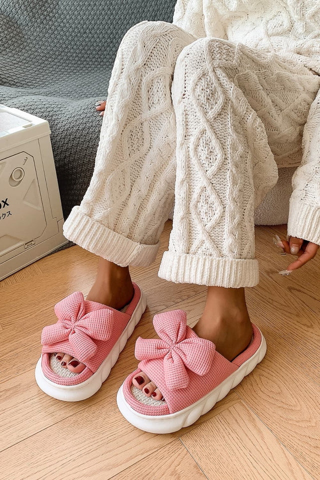 Bow Waffle-Knit Platform Slippers | Hanalas