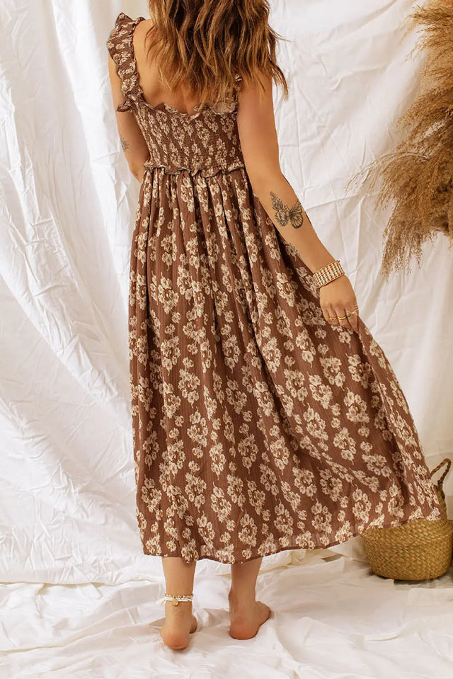 Brown Ruffled Straps Smocked Floral Maxi Dress Hanalas Hanalas