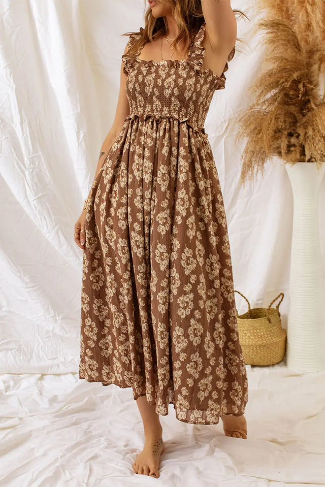 Brown Ruffled Straps Smocked Floral Maxi Dress Hanalas Hanalas