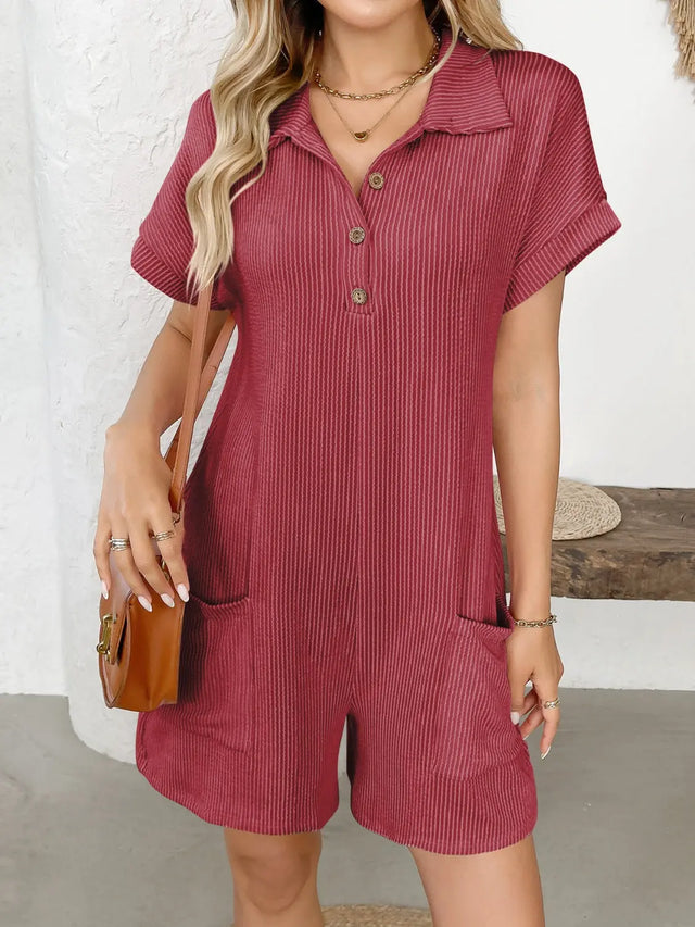 Button Detail Collared Neck Short Sleeve Romper | Hanalas