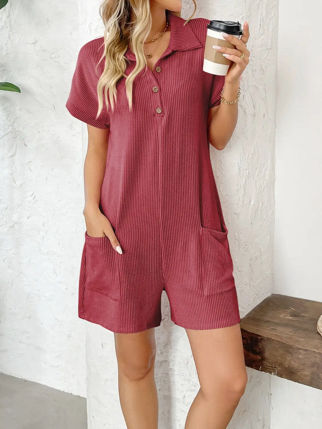 Button Detail Collared Neck Short Sleeve Romper | Hanalas