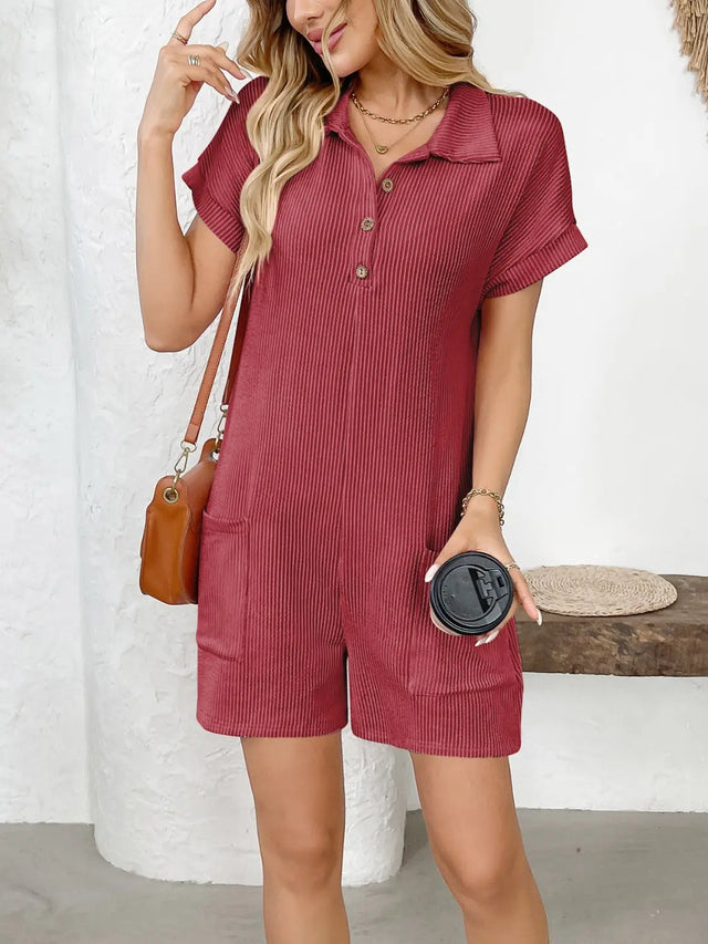 Button Detail Collared Neck Short Sleeve Romper | Hanalas