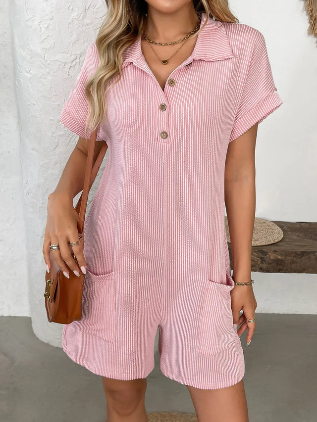 Button Detail Collared Neck Short Sleeve Romper | Hanalas