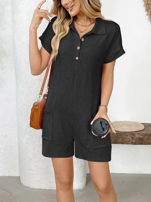 Button Detail Collared Neck Short Sleeve Romper | Hanalas