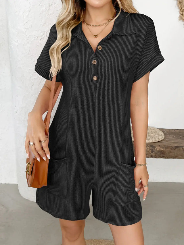 Button Detail Collared Neck Short Sleeve Romper | Hanalas