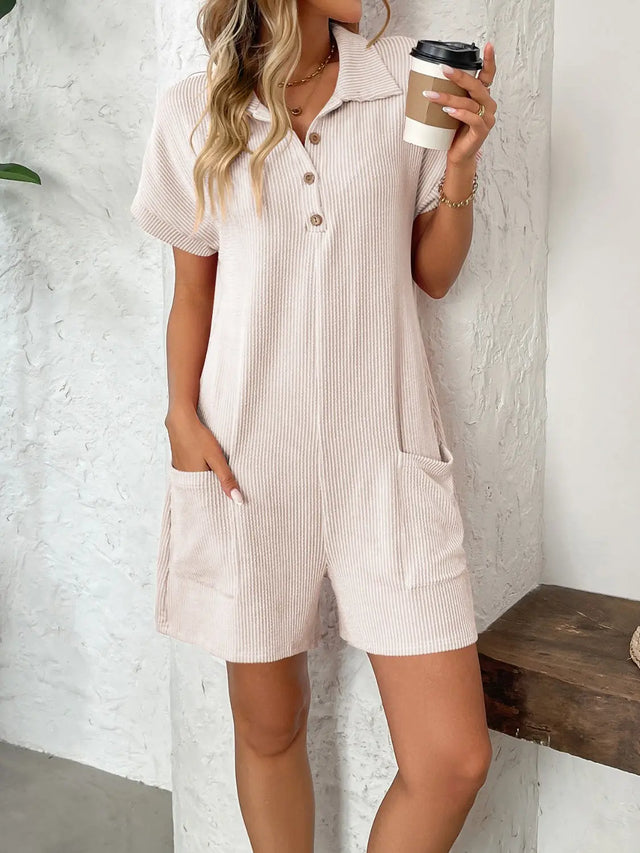 Button Detail Collared Neck Short Sleeve Romper | Hanalas