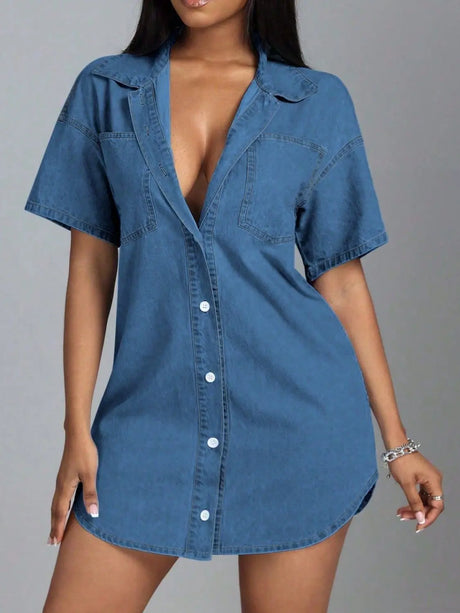 Button Down Collared Neck Denim Dress | Hanalas