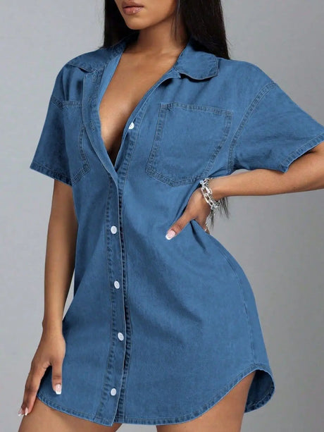 Button Down Collared Neck Denim Dress | Hanalas