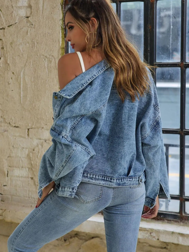 Button Down Drop Shoulder Denim Jacket | Hanalas