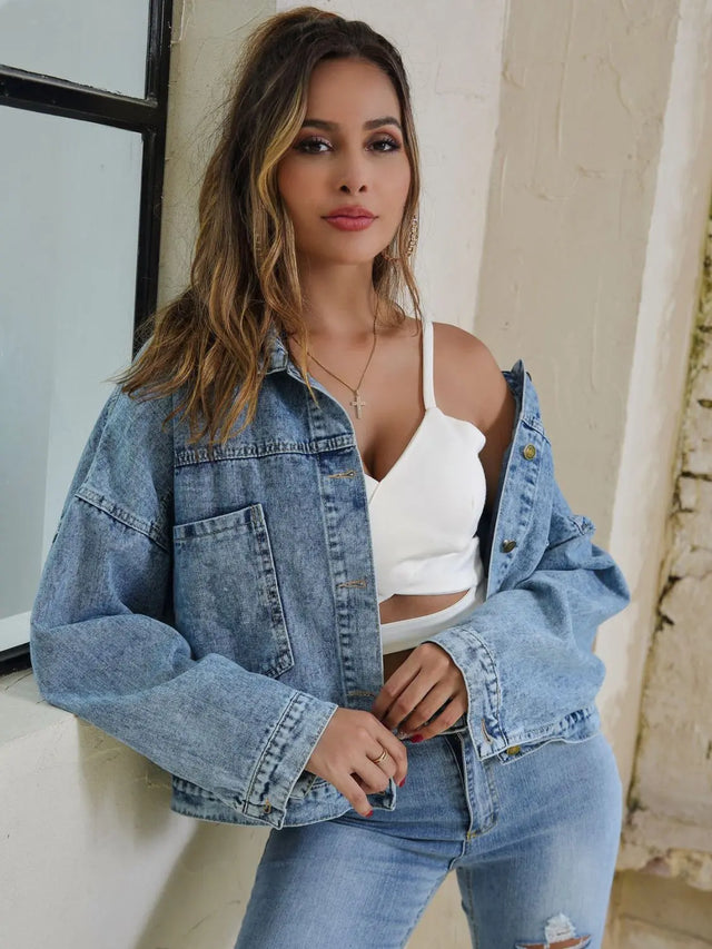 Button Down Drop Shoulder Denim Jacket | Hanalas