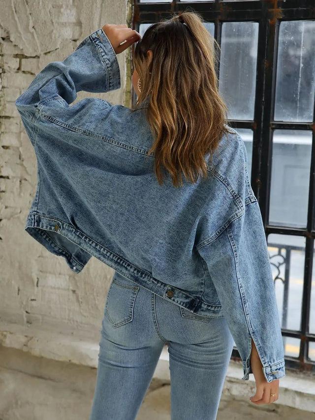 Button Down Drop Shoulder Denim Jacket | Hanalas