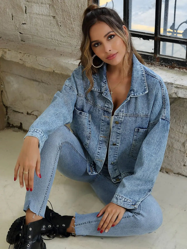 Button Down Drop Shoulder Denim Jacket | Hanalas