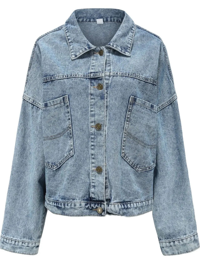 Button Down Drop Shoulder Denim Jacket | Hanalas