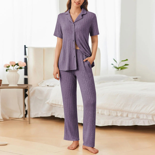 Button Down Long Sleeve Top and Pants Lounge Set | Hanalas