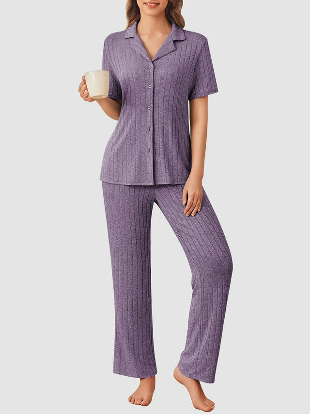 Button Down Long Sleeve Top and Pants Lounge Set | Hanalas