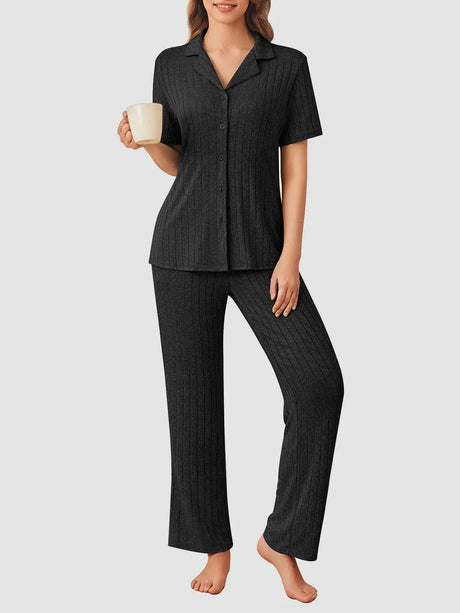 Button Down Long Sleeve Top and Pants Lounge Set | Hanalas