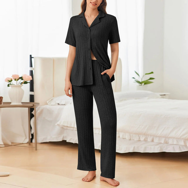 Button Down Long Sleeve Top and Pants Lounge Set | Hanalas