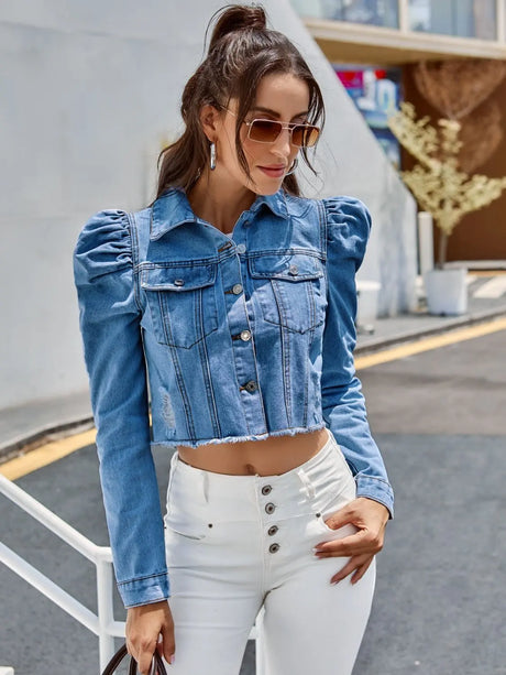 Button Down Raw Hem Cropped Denim Jacket | Hanalas