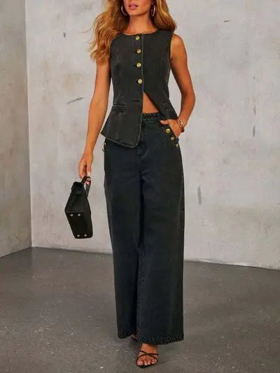 Button Down Vest and Wide Leg Jeans Denim Set | Hanalas