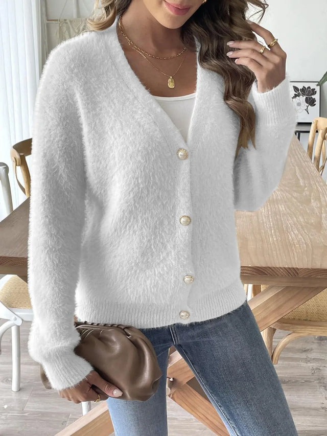 Button Up V-Neck Long Sleeve Cardigan Trendsi Hanalas