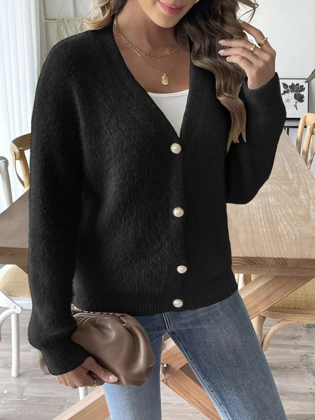 Button Up V-Neck Long Sleeve Cardigan Trendsi Hanalas