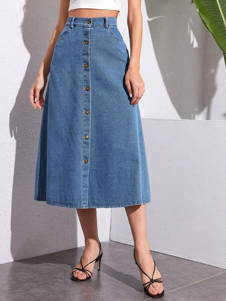 Buttoned Midi Denim Skirt with Pockets | Hanalas