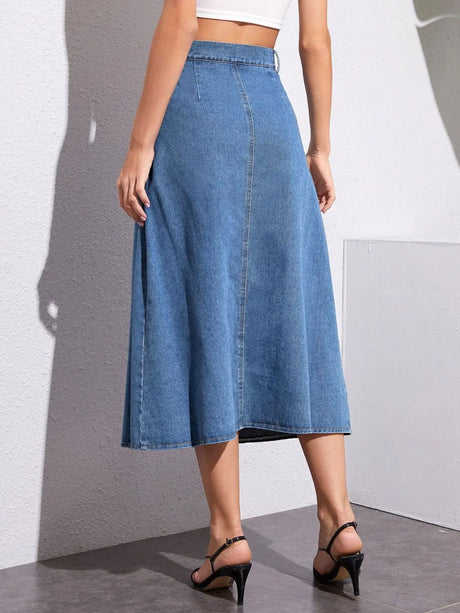 Buttoned Midi Denim Skirt with Pockets | Hanalas