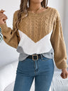 Cable-Knit Color Block Round Neck Sweater Trendsi Hanalas