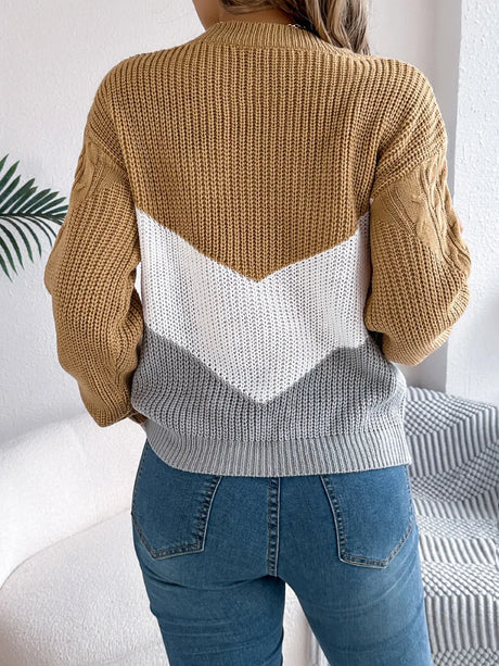 Cable-Knit Color Block Round Neck Sweater Trendsi Hanalas