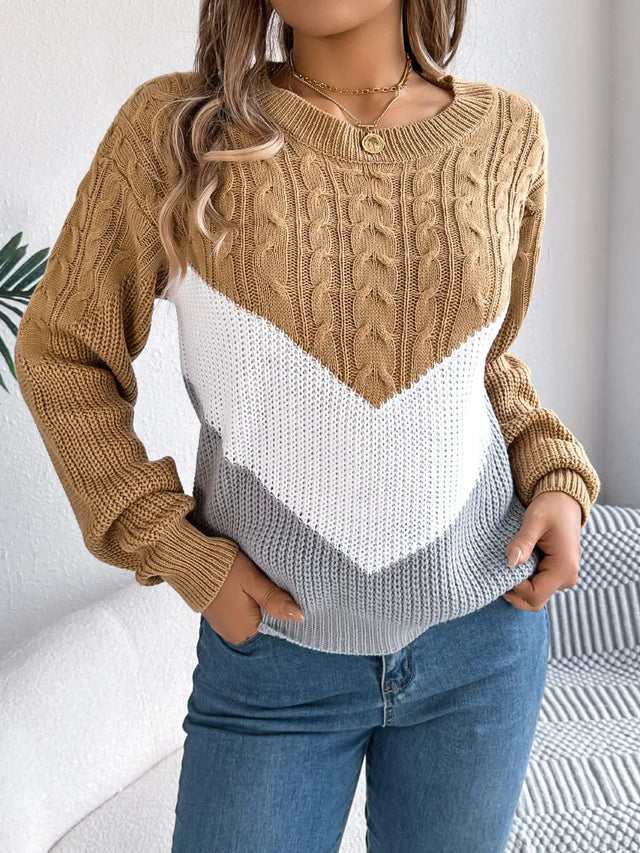 Cable-Knit Color Block Round Neck Sweater Trendsi Hanalas