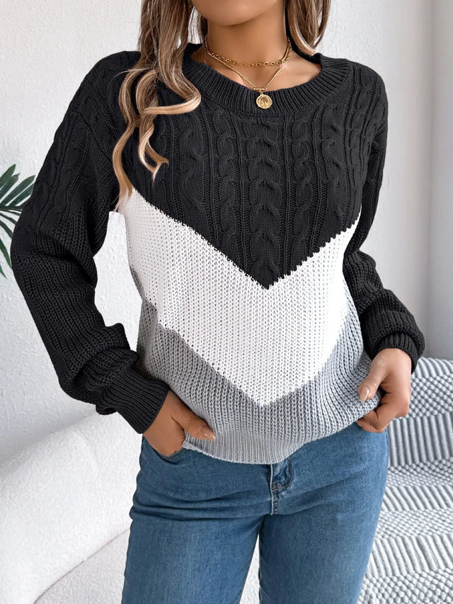 Cable-Knit Color Block Round Neck Sweater Trendsi Hanalas