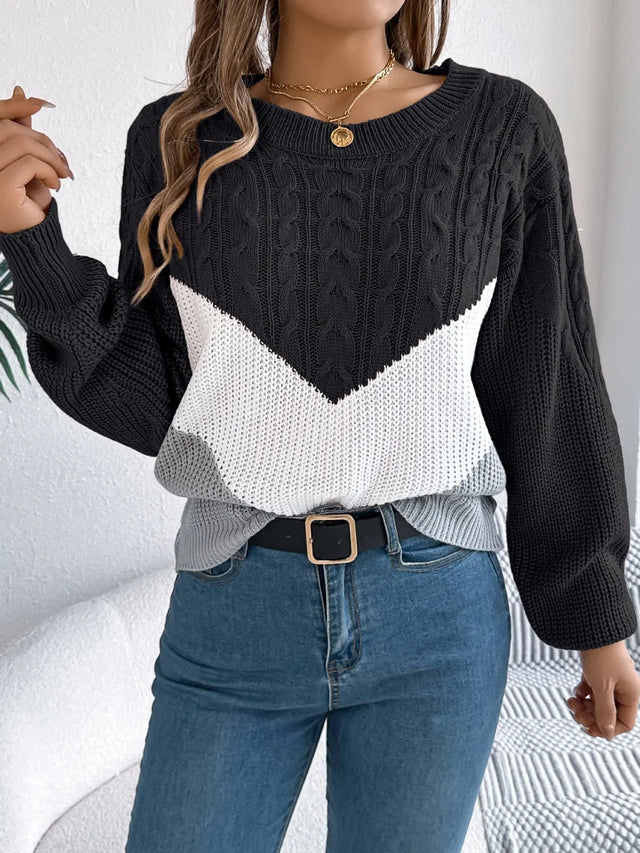 Cable-Knit Color Block Round Neck Sweater Trendsi Hanalas