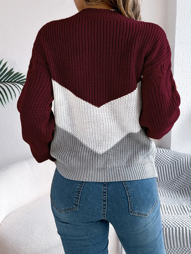 Cable-Knit Color Block Round Neck Sweater Trendsi Hanalas