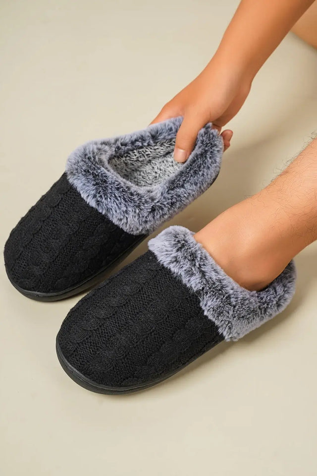 Cable-Knit Fluff Round Toe Slippers | Hanalas