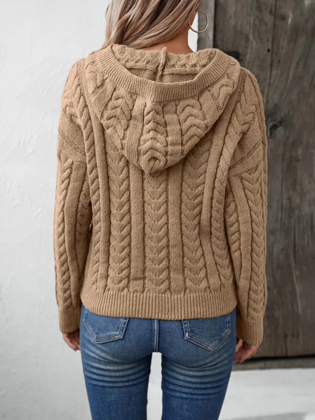 Cable-Knit Long Sleeve Hooded Sweater Trendsi Hanalas