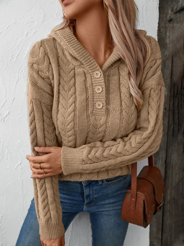 Cable-Knit Long Sleeve Hooded Sweater Trendsi Hanalas